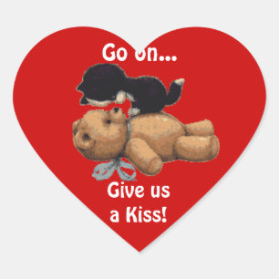 Kitten & Teddy Bear Kissing Fun Heart Stickers
