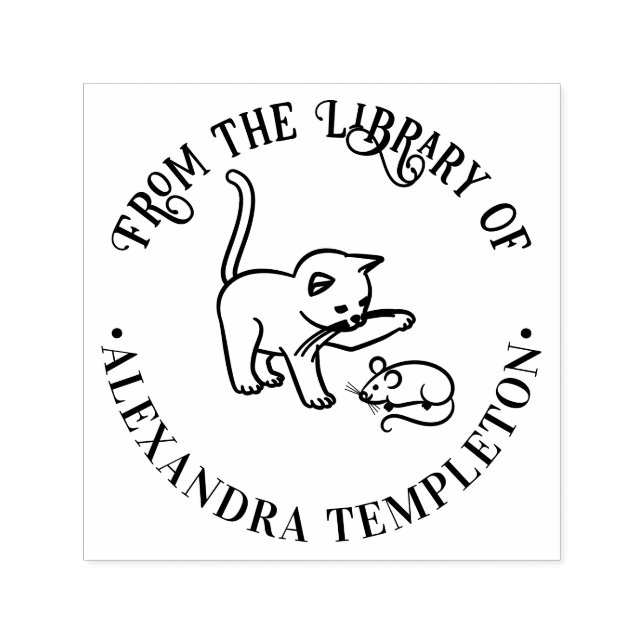 Kitten Toying with Mouse Round Library Book Name Permastempel (Design)