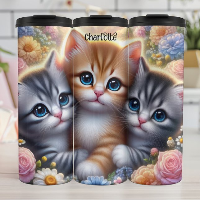 Kitten Trio: Niedlich, kuschelig, Blumenrahmen Thermosbecher (Von Creator hochgeladen)