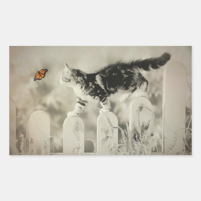 Kitten und Butterfly Rechteckiger Aufkleber (Vorderseite)