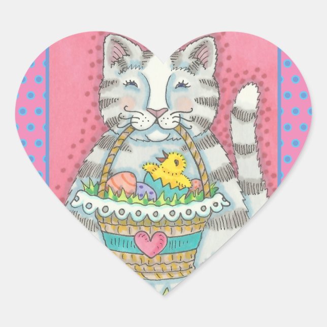 KITTEN UND EASTER EGG BASKET, CAT-STICKER Herz-Aufkleber (Vorderseite)