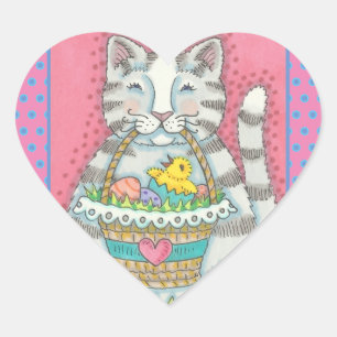KITTEN UND EASTER EGG BASKET, CAT-STICKER Herz-Aufkleber