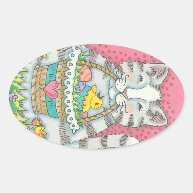 KITTEN UND EASTER EGG BASKET, CAT-STICKER OVALER AUFKLEBER (Vorderseite)