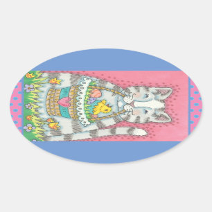 KITTEN UND EASTER EGG BASKET, CAT-STICKER OVALER AUFKLEBER