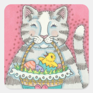 KITTEN UND EASTER EGG BASKET, CAT-STICKER QUADRATISCHER AUFKLEBER