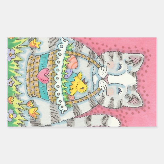 KITTEN UND EASTER EGG BASKET, CAT-STICKER RECHTECKIGER AUFKLEBER (Vorderseite)