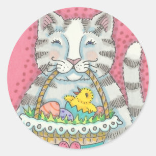 KITTEN UND EASTER EGG BASKET, CAT-STICKER RUNDER AUFKLEBER