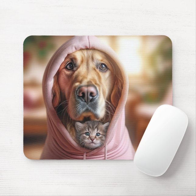 Kitten und Golden Retriever in Rosa Hoodie Mousepad (Mit Mouse)
