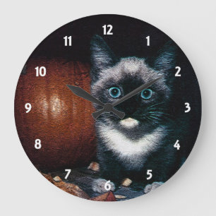 Kitten und Kürbis zu Halloween Große Wanduhr