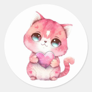 Kitten Valentines Pink Heart Watercolor Cat Liebe Runder Aufkleber
