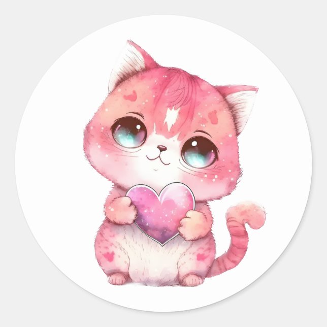 Kitten Valentines Pink Heart Watercolor Cat Liebe Runder Aufkleber (Vorderseite)