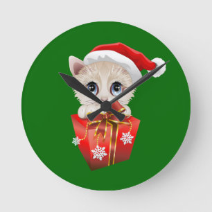 Kitten Weihnachten Weihnachten mit Geschenk Runde Wanduhr