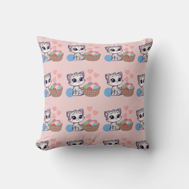 Kitten & Yarn Throw Pillow Kissen (Vorderseite)
