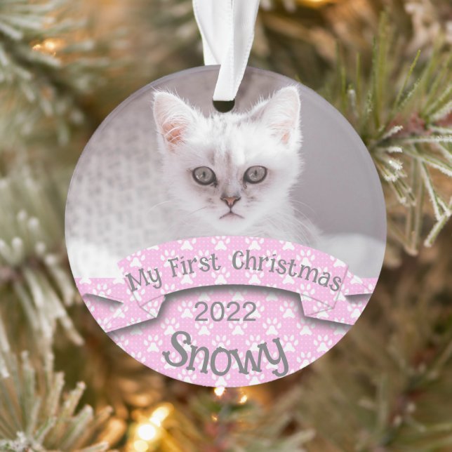 Kitten's erstes Weihnachts-Pink-Pfoten Print-Foto Ornament (Baum)