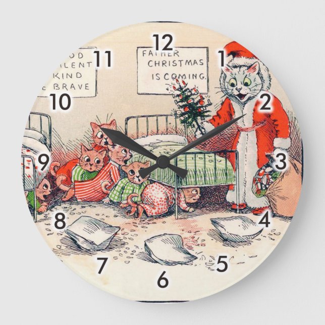 Kittens und Santa Cat, Louis Wain Große Wanduhr (Vorderseite)