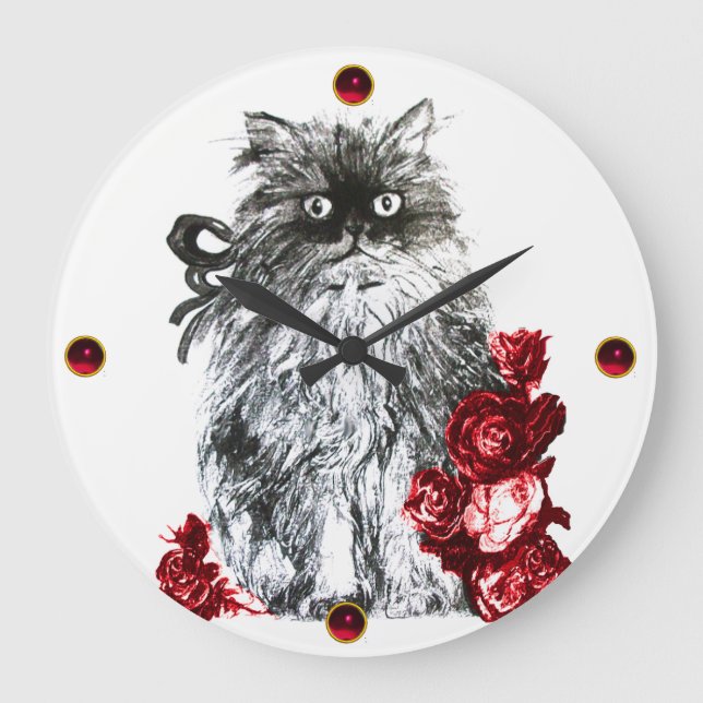 KITTKATZE,KÜCHE MIT ROTE ROSEN,Schwarz-weiß Große Wanduhr (Vorderseite)
