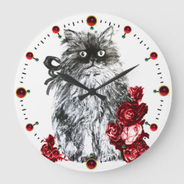 KITTKATZE,KÜCHE MIT ROTE ROSEN,Schwarz-weiß Große Wanduhr