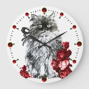 KITTKATZE,KÜCHE MIT ROTE ROSEN,Schwarz-weiß Große Wanduhr