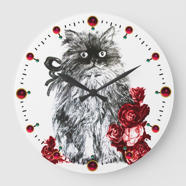 KITTKATZE,KÜCHE MIT ROTE ROSEN,Schwarz-weiß Große Wanduhr (Vorderseite)