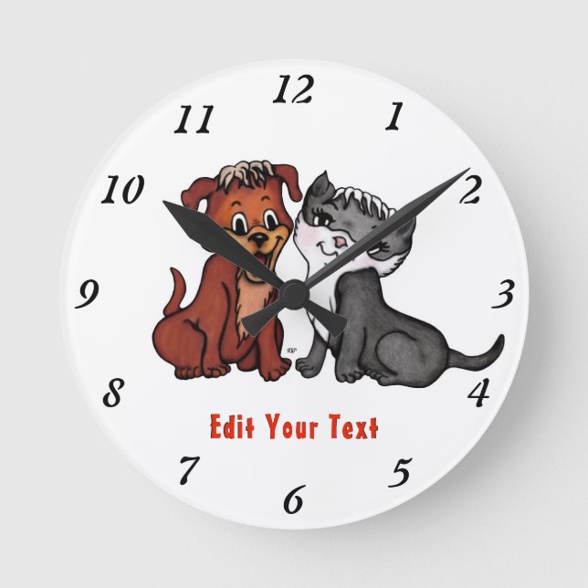 Kitty and Puppy , bearbeiten Sie Ihren Text Runde Wanduhr (Vorderseite)