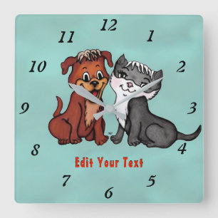 Kitty and Puppy , Edit Your Text Quadratische Wanduhr
