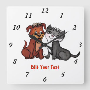 Kitty and Puppy , Edit Your Text Quadratische Wanduhr