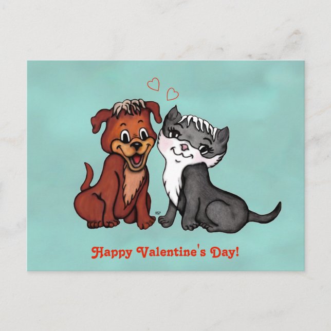 Kitty and Puppy , Happy Valentine's Day! Postkarte (Vorderseite)