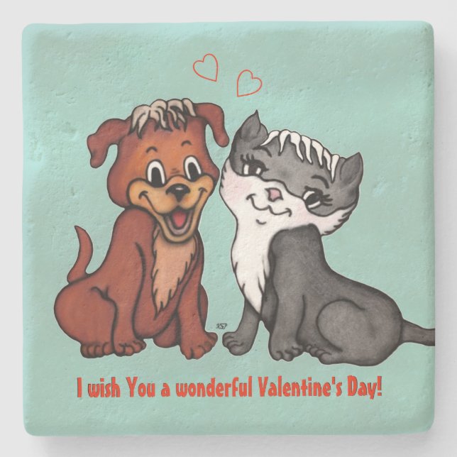 Kitty and Puppy , Happy Valentines Day! Steinuntersetzer (Vorderseite)