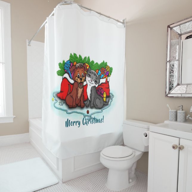 Kitty and Puppy , Happy XMas Duschvorhang (Beispiel)
