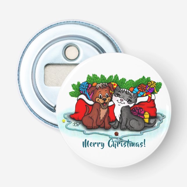 Kitty and Puppy , Happy XMas Flaschenöffner (Vorderseite)