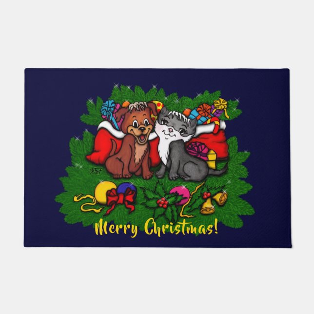 Kitty and Puppy , Happy XMas Fußmatte (Vorderseite)
