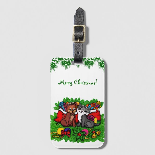 Kitty and Puppy , Happy XMas Gepäckanhänger (Vorderseite Vertikal)