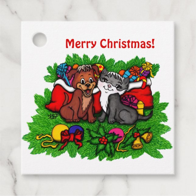 Kitty and Puppy , Happy XMas Geschenkanhänger (Vorderseite)