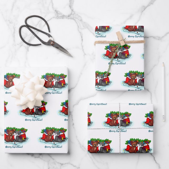 Kitty and Puppy , Happy XMas Geschenkpapier Set (Vorderseite)