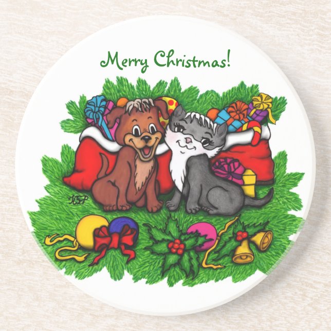 Kitty and Puppy , Happy XMas Getränkeuntersetzer (Vorne)
