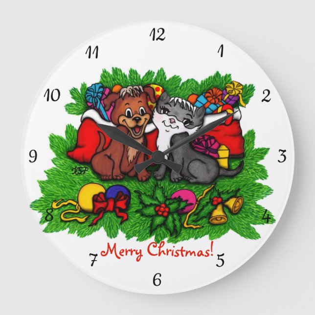 Kitty and Puppy , Happy XMas Große Wanduhr (Vorderseite)