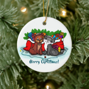 Kitty and Puppy , Happy XMas Keramik Ornament