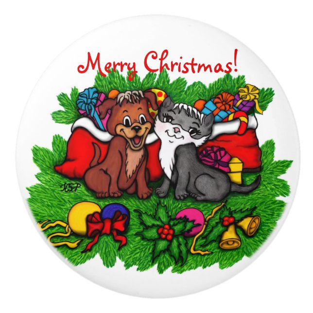 Kitty and Puppy , Happy XMas Keramikknauf (Vorderseite)