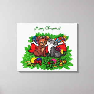 Kitty and Puppy , Happy XMas Leinwanddruck