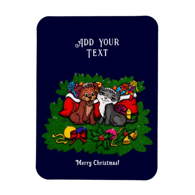 Kitty and Puppy , Happy XMas Magnet (Vertikal)