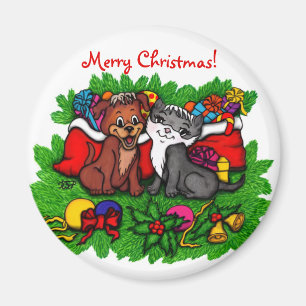 Kitty and Puppy , Happy XMas Magnet
