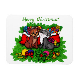 Kitty and Puppy , Happy XMas Magnet