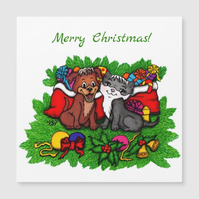Kitty and Puppy , Happy XMas Magnetkarte (Vorderseite)