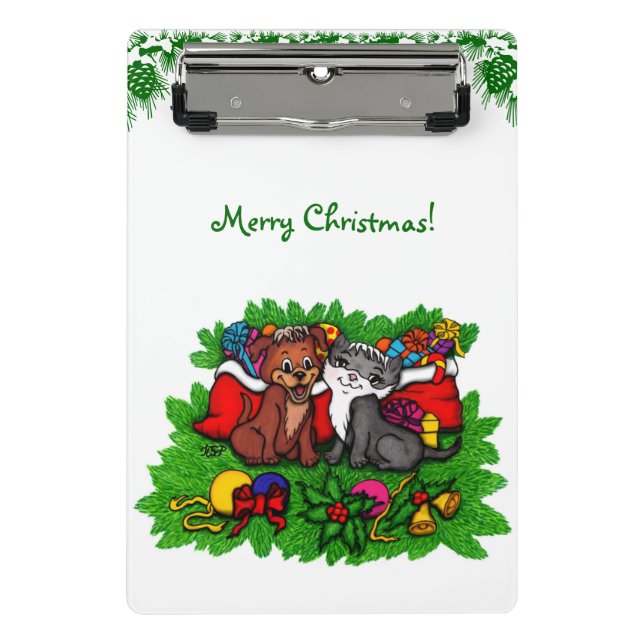 Kitty and Puppy , Happy XMas Mini Klemmbrett (Vorderseite)