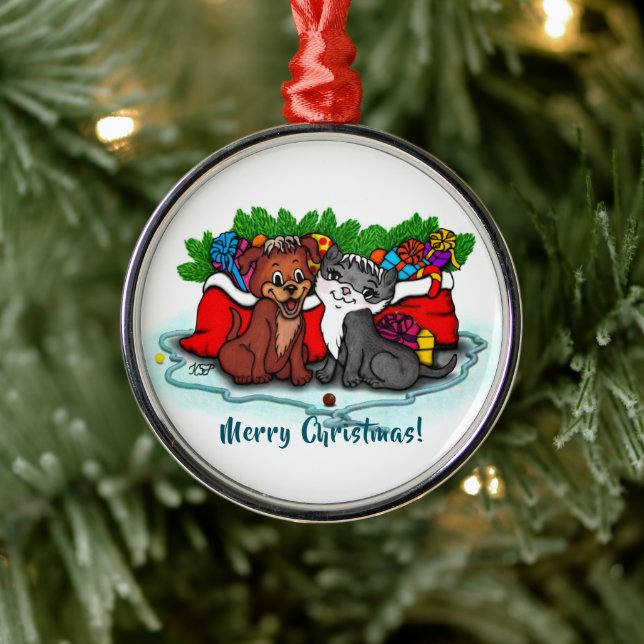 Kitty and Puppy , Happy XMas Ornament Aus Metall (Baum)