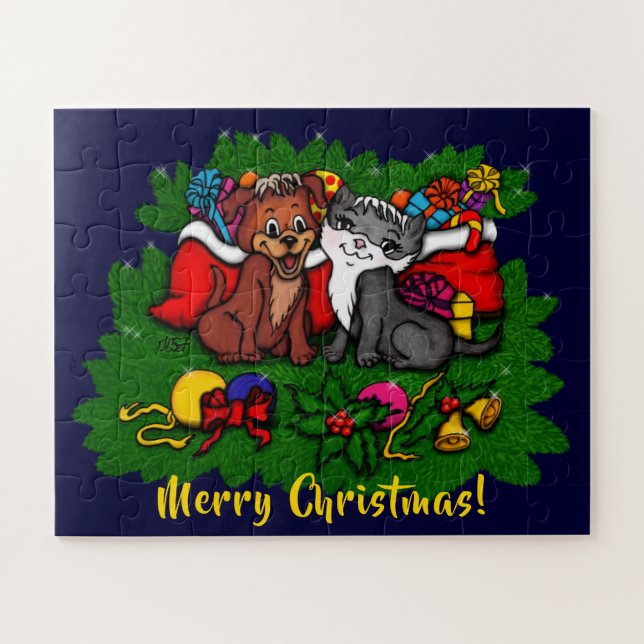 Kitty and Puppy , Happy XMas Puzzle (Horizontal)