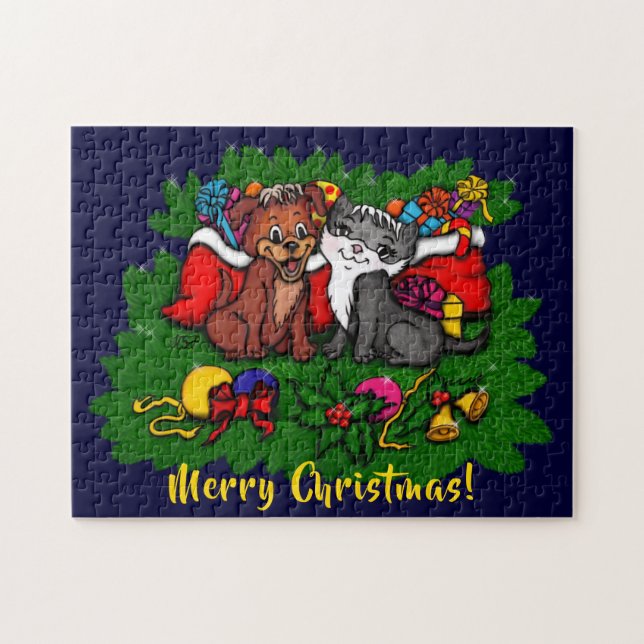 Kitty and Puppy , Happy XMas Puzzle (Horizontal)