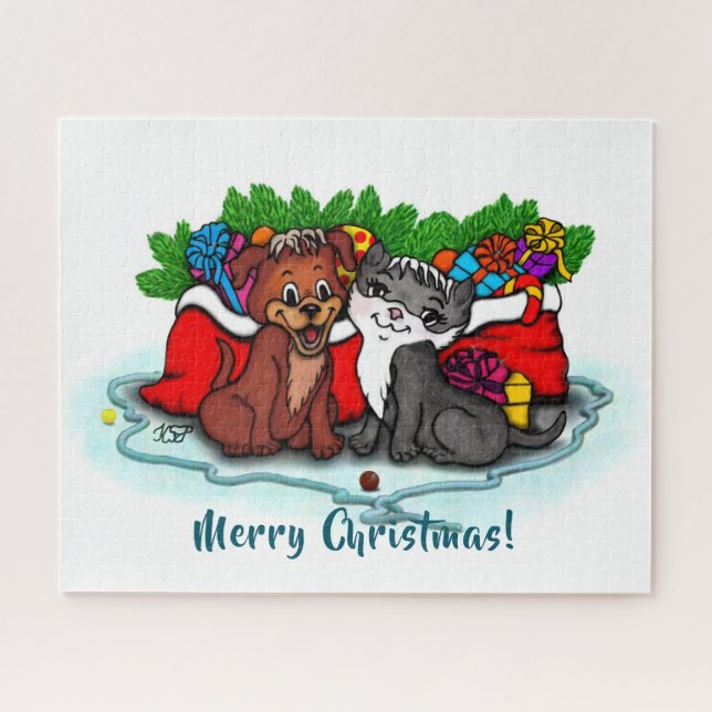 Kitty and Puppy , Happy XMas Puzzle (Horizontal)
