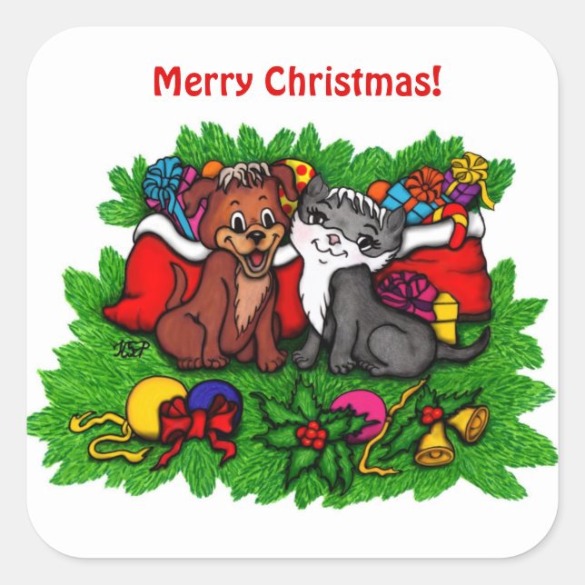 Kitty and Puppy , Happy XMas Quadratischer Aufkleber (Vorderseite)