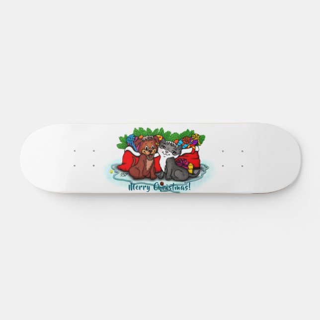 Kitty and Puppy , Happy XMas Skateboard (Horizontal)